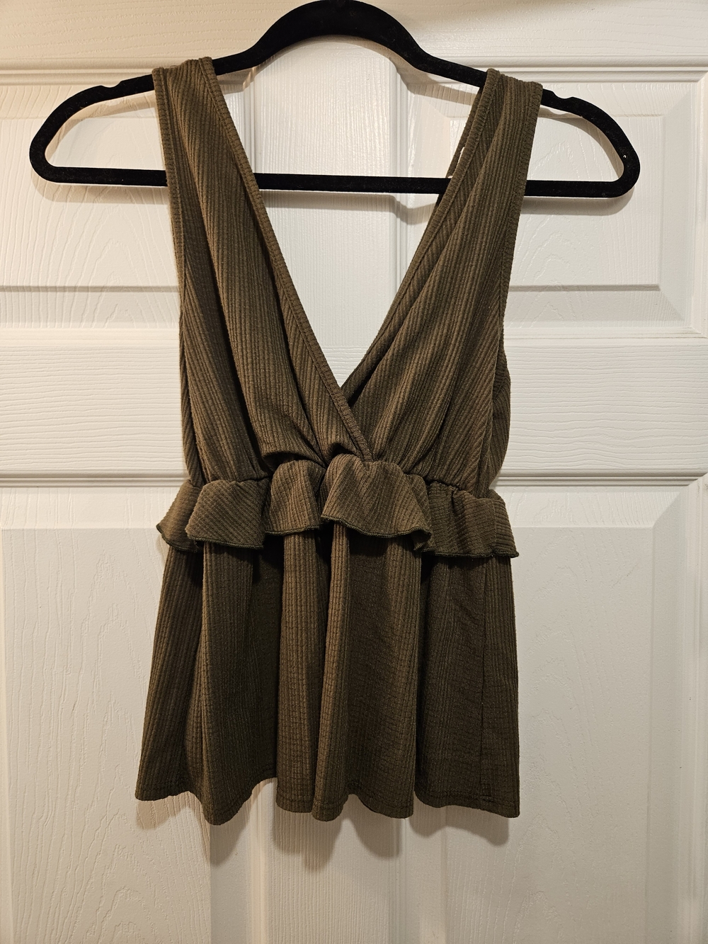 Sleeveless Ribbed Peplum Top in Olive Green
